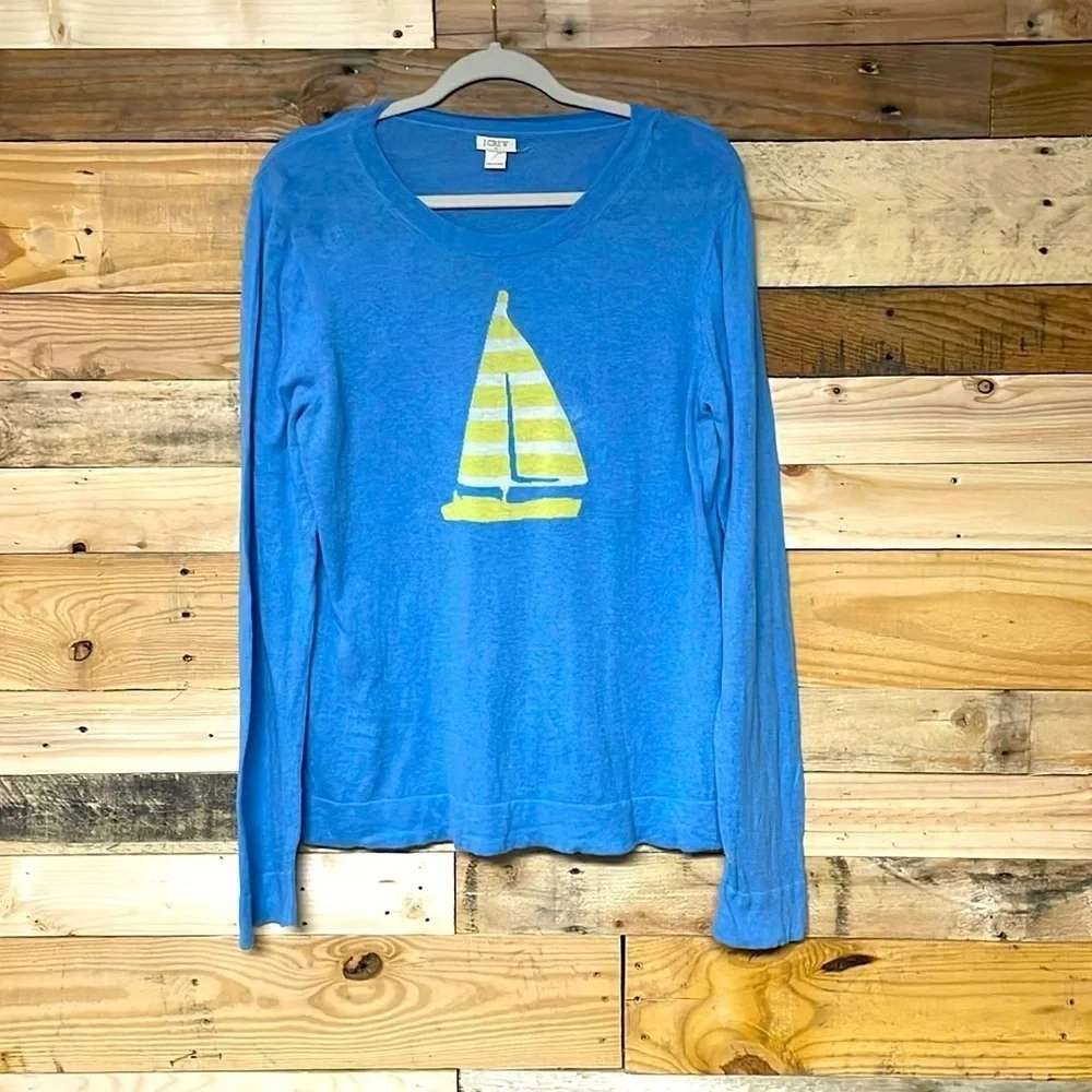 J. Crew size large blue lightweight crewneck sweater with sailboat on it